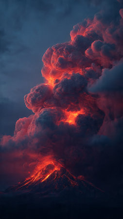 Volcanic eruption in the night, close-up view.の写真素材