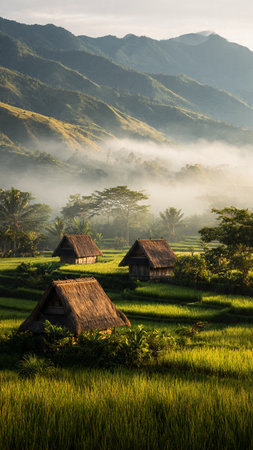 Beautiful rice terraces in Bali at sunrise, Indonesia.の写真素材