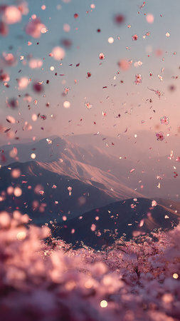 Beautiful cherry blossoms and mountains in the background. Selective focus.の写真素材