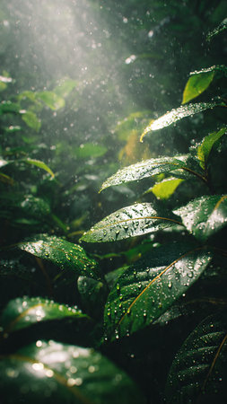 Rain drops on the green leaves in the morning. Natural background.