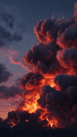 Fiery explosion on the background of a dark blue sky at duskの写真素材