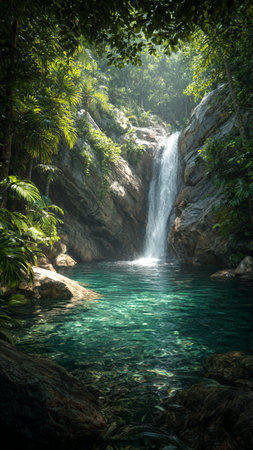 Waterfall in tropical forest with emerald green water and blue skyの写真素材