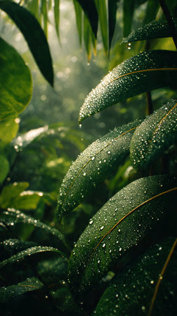 Water drops on the leaves of tropical plants in the rainforest.