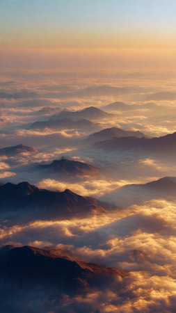 Aerial view of clouds and mountains in the morning at sunrise.