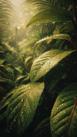 Raindrops on the leaves of a tropical plant in the rain.
