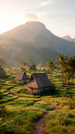 Rice terraces at sunset in Bali island, Indonesia.の写真素材