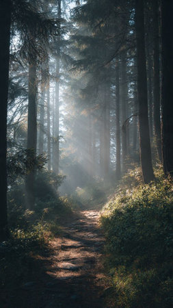 Path through the foggy forest in the morning. Nature composition.の写真素材