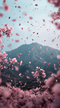 Beautiful cherry blossom sakura in spring time with mountain backgroundの写真素材