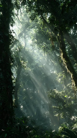 Tropical rainforest with sunbeams shining through the mist