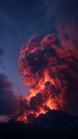 Volcanic eruption at night, close-up view of the explosionの写真素材