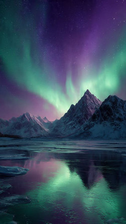 Aurora borealis northern light over snowy mountains in winter.の写真素材