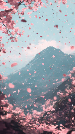 Cherry blossoms in full bloom with mountains in the background.の写真素材