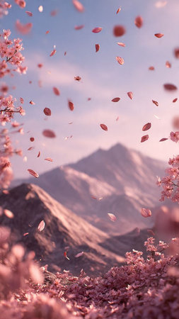Beautiful pink cherry blossom in full bloom with mountain background.