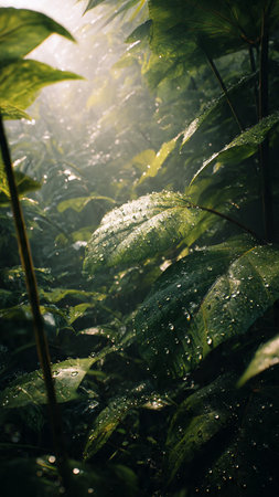 Morning dew on the leaves of a coffee plant in the rainforestの写真素材