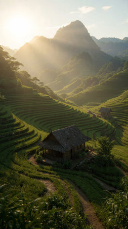 Rice fields at sunset in Mu Cang Chai, YenBai, Vietnamの写真素材