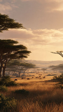 African savannah with acacia trees and antelopes at sunset