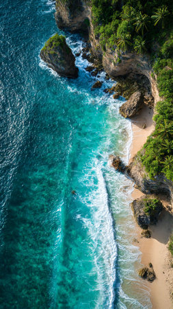 Aerial view of beautiful tropical beach with turquoise water and rocksの写真素材