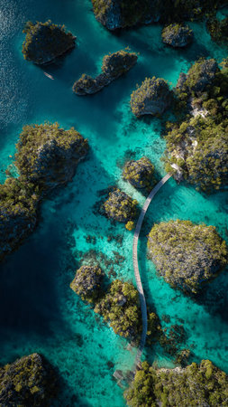 Aerial view of beautiful tropical island with turquoise water and wooden pathの写真素材