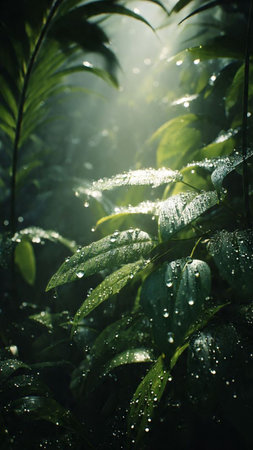 Morning dew on the leaves of a fern in the forestの写真素材