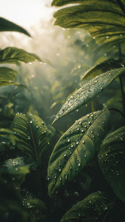 Rain drops on the leaves of a plant in the morning sunlight.の写真素材