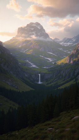 Waterfall in the mountains at sunrise, Europeの写真素材