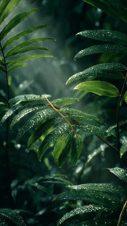 Raindrops on the leaves of a tropical plant. Selective focus.
