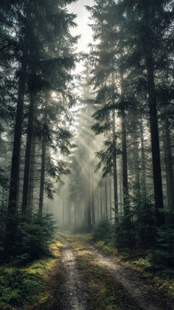 Morning in the forest. Foggy morning in the coniferous forest.