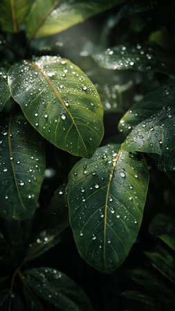 Water droplets on the green leaves after the rain in the morning.