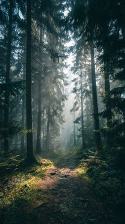 Mysterious foggy morning in the forest with sun rays.