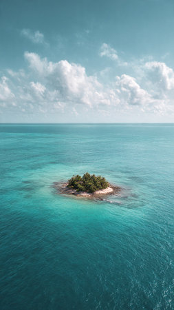 Aerial view of a small island in the turquoise seaの写真素材