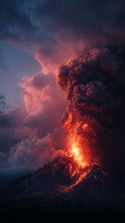 Volcanic eruption at sunset. Big explosion in the sky.の写真素材