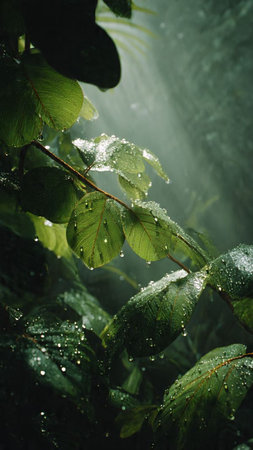 Water drops on the leaves of a tree in the rainforest.