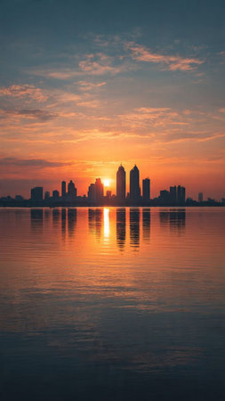 Sunset over the lake and skyscrapers in the city.の写真素材