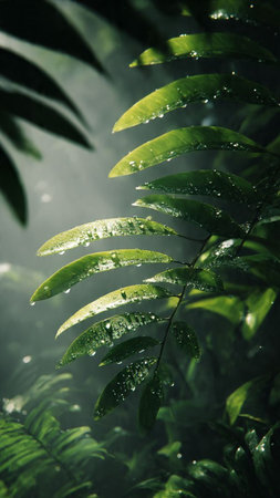 Rain drops on the leaves of a fern in the morning.