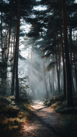 Pathway through the misty pine forest in the morning. Selective focus.の写真素材