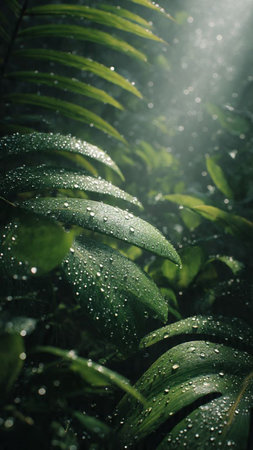 Raindrops on the leaves of a fern in the morning.