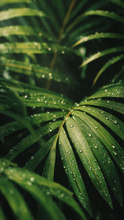 Rain drops on the leaves of a palm tree. Natural background.