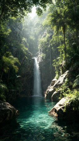 Tropical waterfall in the jungle of Thailand. Beautiful landscape.の写真素材