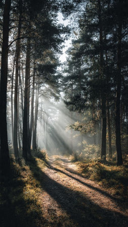 Morning in the forest. Sun rays through the branches of trees.の写真素材