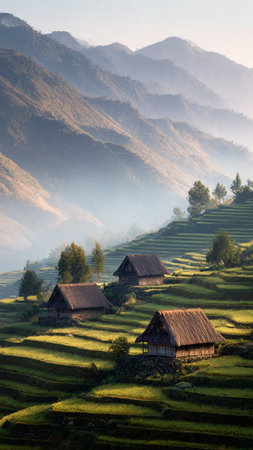 Rice terraces at sunset in Sapa, Lao Cai, Vietnamの写真素材