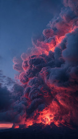 Volcanic eruption at sunset, close-up of the eruptionの写真素材