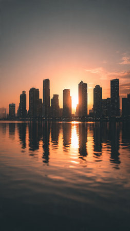 Cityscape of skyscrapers reflected in the lake at sunset.