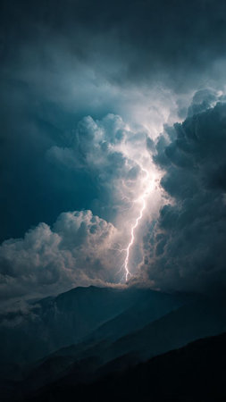 Stormy sky with lightning in the mountains. Dramatic scene.の写真素材