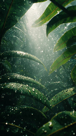 Water droplets on the leaves of a fern in the rainの写真素材