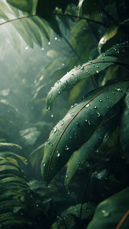 Water drops on the leaves of tropical plants in the rainforest.