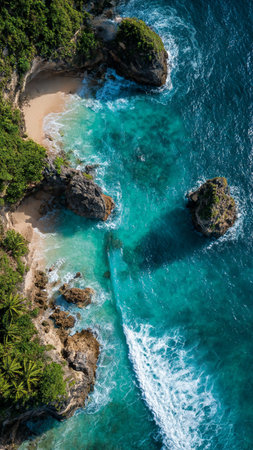 Aerial view of beautiful tropical beach with turquoise water and rocksの写真素材