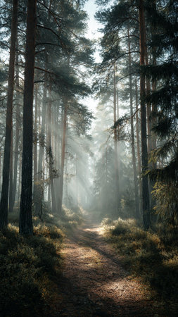 Pathway through the evergreen forest in a foggy morning.