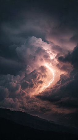 Stormy sky with thunderclouds at sunset in the mountains.の写真素材
