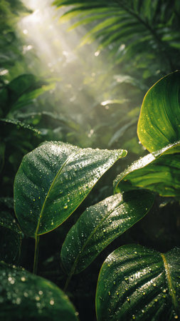 Green leaves with morning sunlight in the garden. Natural background with green leaves.の写真素材