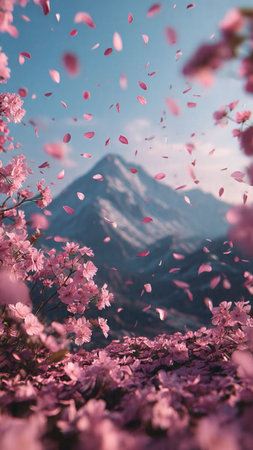 Cherry blossoms and Mount Kinabalu, Sabah, Malaysiaの写真素材